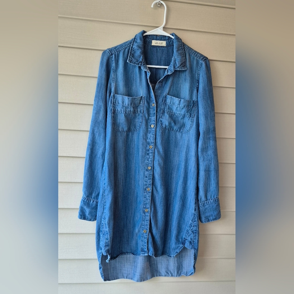 Bella Dahl Women's S Blue Chambray Denim Button-Up Dress w Roll Tab Sleeves EUC